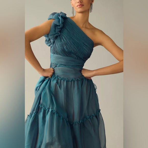 Mac Duggal Organza One-Shoulder Pleated Tiered Gown Sage - Picture 4 of 8